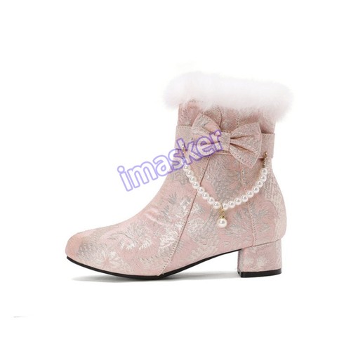 Womens Elegant High Chunky Heel Round Toe Fur Lined Side Zipper Warm Ankle Boots - Picture 21 of 25
