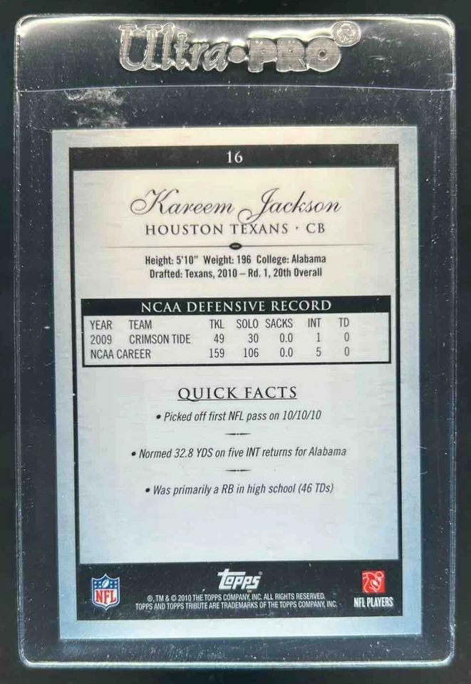 2010 Topps Tribute Kareem Jackson Gold Rookie RC #9/20 Texans - Image 2 of 2