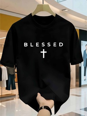 Men's Minimalist BLESSED T-Shirt - Faith Cross Print Round Neck Knit Top, Brea