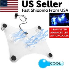 Laptop Cooling Pad Stand 3 Fans USB Powered LED Light Radiator PC Notebook
