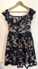 Navy Blue PROM Windsor Formal Dress Sequins Lace Floral Size 7 Short Flirty