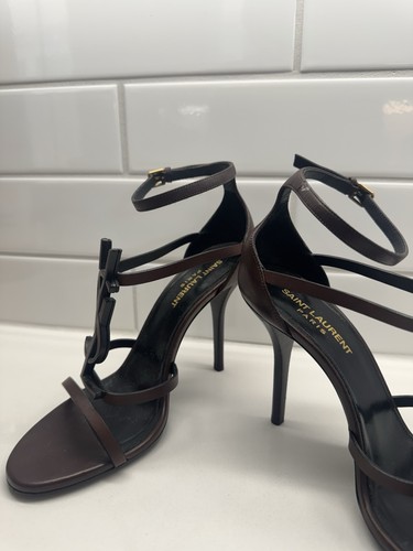 Saint Laurent YSL Opyum Logo Heel Sandals Brown Leather EU 38 US 7.5