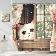 Japanese Cute Cat Shower Curtain 72Wx72H Inch Funny Anime Cherry Blossom Asia...