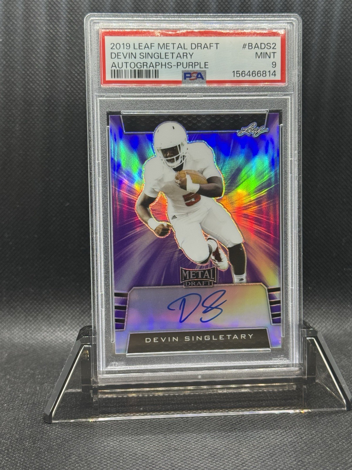 2019 Leaf Metal Draft Devin Singletary Purple Rookie Auto /25, PSA 9 