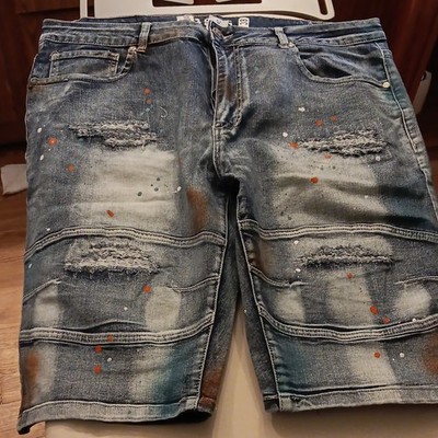 GS115 Men's Blue Distressed Denim Shorts Solid Medium Wash 5-Pocket Zip