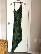 Scala Green Silk Beaded Maxi Slip Dress Asymmetrical L