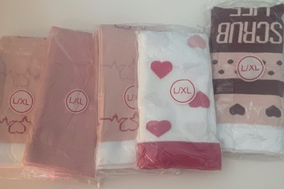 Women's L/XL Calf Socks 5 Pack Heart Pattern Medical Theme Pink White Red Brown