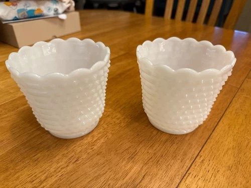 Vintage Fire King Milk Glass Hobnail Planter Flower Pot Vase Oven 5" Set of 2