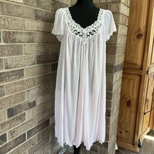 80s VINTAGE Miss Elaine Nightgown Women's M Pink Lace Nylon Sheer Lingerie 27D1
