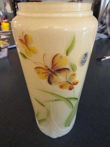Fenton Handpainted Uranium Custard Glass Bud Vase Vintage, Floral Signed
