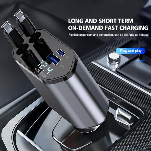 4IN1/120W Car Charger Retractable USB Type-C Cable Cell Phone I8E9 - Zdjęcie 3 z 7