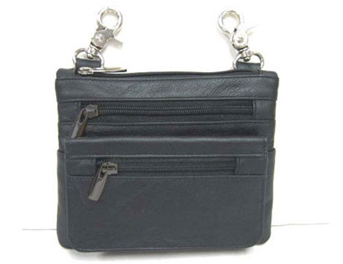 BLACK MOTORCYCLE BIKER GENUINE LEATHER CLIP ON WAIST PHONE POUCH SHOULDER BAG