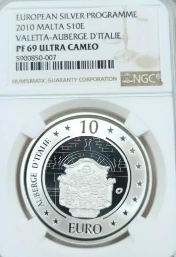 2010 MALTA SILVER 10 EURO S10E VALETTA AUBERGE D'ITALIE NGC PF 69 ULTRA CAMEO