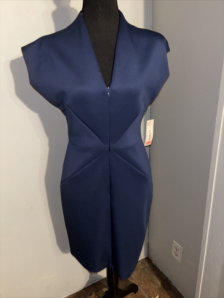 Katherine Kelly Beyonc Front Zip Dress Navy Blue 6 V-Neck Cap Sleeve  -NWT | eBay