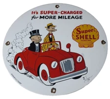 Vintage Super Shell Gasoline Sign - Service Gas Mutt Jeff Porcelain Sign