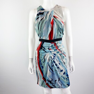 Diane Von Furstenberg Blue Watercolor Sheath Dress Size 0 Sleeveless Silk