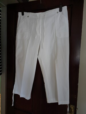 Women's Cropped Trousers BCASUAL Size 18 White 100% Cotton Zip & Cord