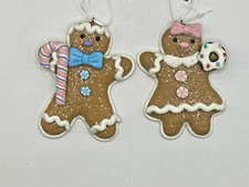 NEW SET OF 2 PASTEL GINGERBREAD BOY AND GIRL ORNAMENTS