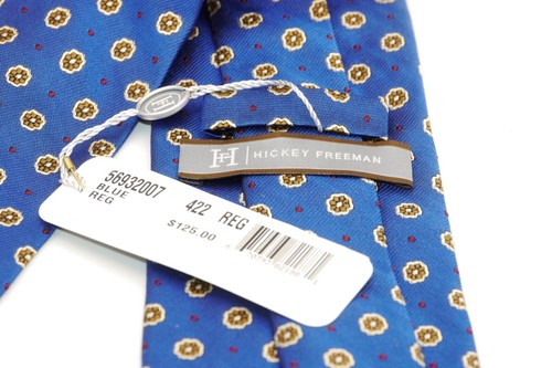 NWT - HICKEY FREEMAN Men's 100% Silk Necktie Blue GEOMETRIC Pattern - 58"x3.75" - Picture 2 of 4