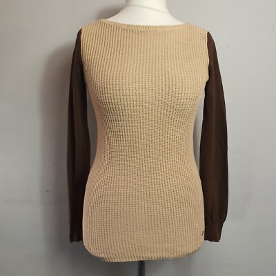 RALPH LAUREN Two Tone Pullover Pulli Fischerripp Logo Badge Retro Gr. S Beige