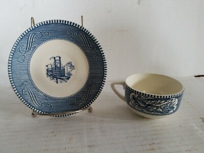 ROYAL CHINA CURRIER IVES BLUE Flat Cup & Saucer Set ROB ELEE Boat/HORSE & WAGON 