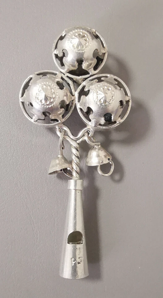 Antike Silber Babyrassel "PJ" Pfeife & Rassel Viktorianisch 9 cm - Bild 2 von 4