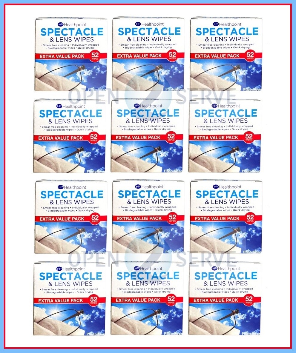 12x Healthpoint Spectacle & Lens Cleaning Wipes Glasses - Smear Free - 52 Wipes