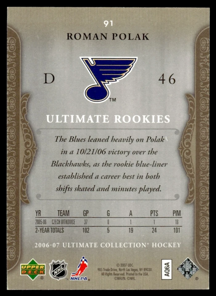 2006-07 Upper Deck Ultimate Collection Roman Polak Rookie /699 #91 - Image 2 of 2