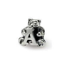 Letter A Teddy Bear Kids Bead .925 Sterling Silver Antiqued Reflection Beads