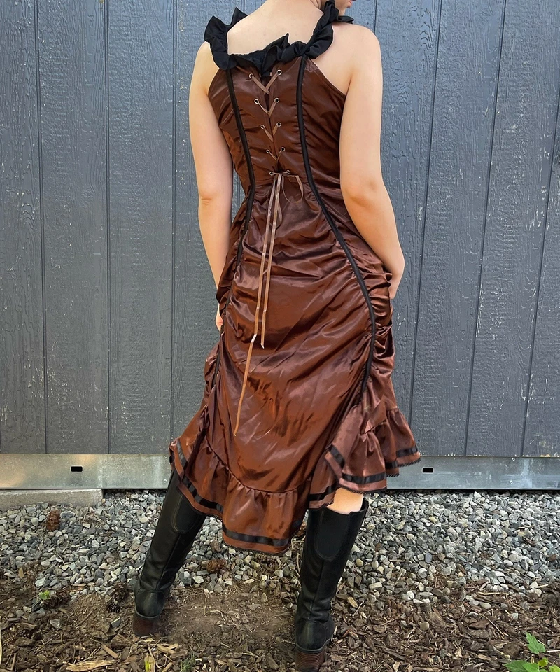 Maxi Vestido Corsé Espalda Encaje Acanalado Satén Gótico Steampunk Marrón Elección Victoriana M Foto 2 de 4