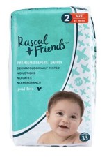 Rascal + Friends Premium Diapers, Size 2, 33 Count Unisex - (9-18 lbs) Brand New 0.45 per diaper