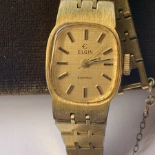 VTG Lady ELGIN Electric SWISS Tank Watch Quartz Analog Gold on Gold *REPAIR SLOW