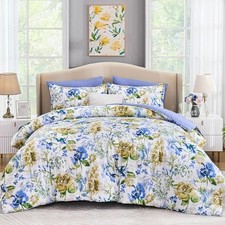 Floral Comforter Set Size 7 Pieces Bed in a Bag Flower Watercolor Queen Blue