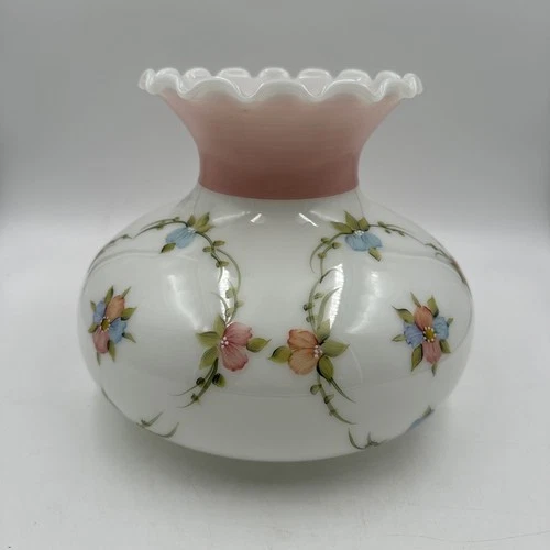 Vintage Milk Glass Parlor GWTW Floral Hand Painted Signed Lamp Shade 8 in Pink