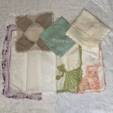 Lot 7 Vtg Cotton Handkerchief / Napkins / Doilies Embroidered Cottage Core