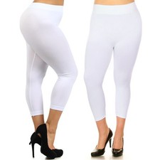 Women Seamless Capri Leggings Plus One Size Stretch Pants Basic Yoga White