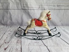 Vtg Rocking Horse Metal Rocker Painted Wood Tan  Red White Fur Mane Tail 12in