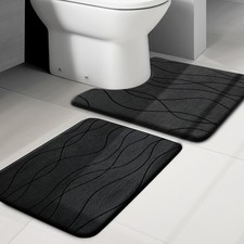 2 PCS Black Memory Foam Bath Mat Set Ultra Absorbent Non Slip Washable Floor