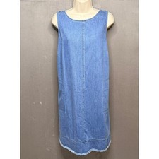 J.Jill Denim Shift Dress Womens L Petite Blue Sleeveless Frayed Hem Keyhole Tie