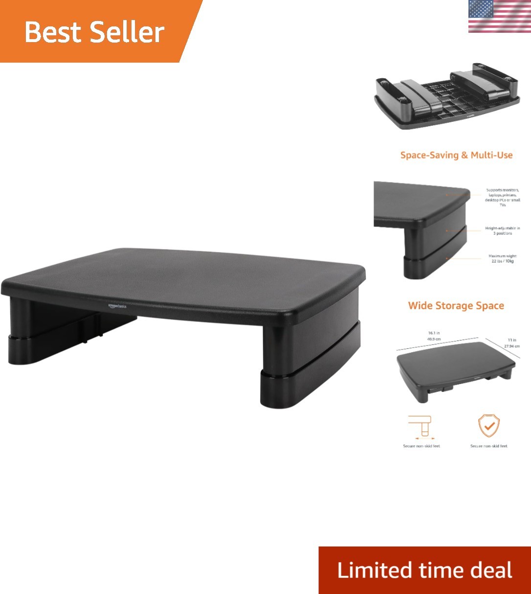 Stylish Black Monitor Riser with Organizer