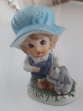 Porcelain figurine Artmark child w blue bonnet puppy dog schnauzer gift decor 