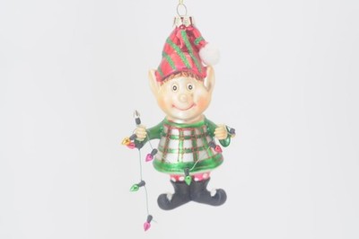 LG Vntg Glass Ornament Pixie Elf  Red And Green With String Of Lights Box #108