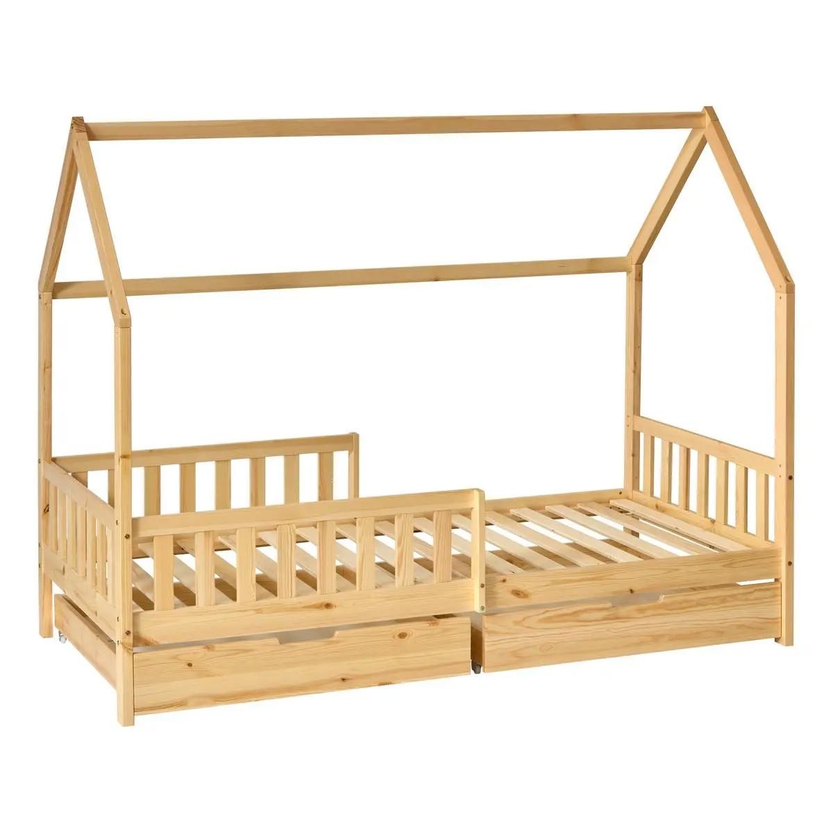 Lit cabane enfant 2 tiroirs Bosco 90x190cm en bois naturel pour chambre mixte