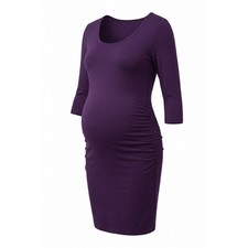 Motherhood Maternity Purple Ruched Bodycon Dress 3/4 Sleeve Scoop Neck Size S