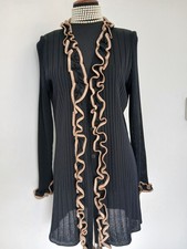 Misook Longline Duster sheer texture rib cardigan jacket M ruffle romantic NWOT