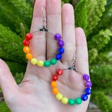 Rainbow Beaded Hoop Earrings Lightweight Pride Jewelry