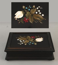 Antique c1900 Italian PIETRA DURA Inlaid Stone Floral & Ebonized Wood Box, NR