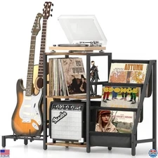 Bikoney Record Player Stand with Guitar Holder, Guitar Rack for Acoustic,