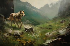 Original Oil Painting -Majestic Wolf In Mountain Valley - 48x28 Signed By Artist