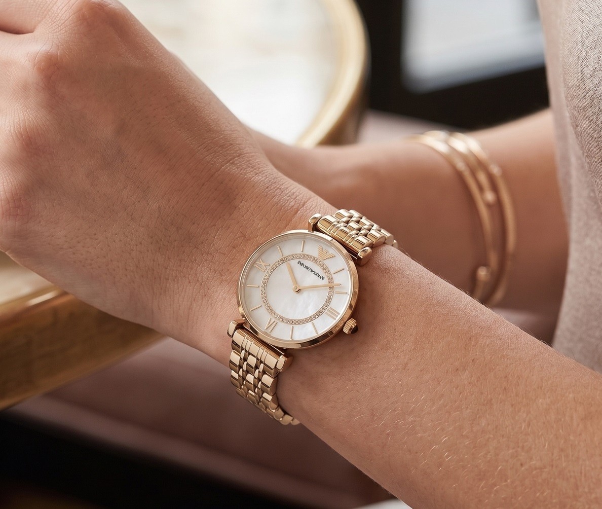 EMPORIO ARMANI WOMENS WATCH AR1907 YELLOW GOLD STRAP WITH WHITE DIAL GENUINE UK